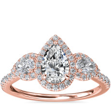 Bague de fiançailles diamants trois pierres avec halos poire en or rose 14 carats